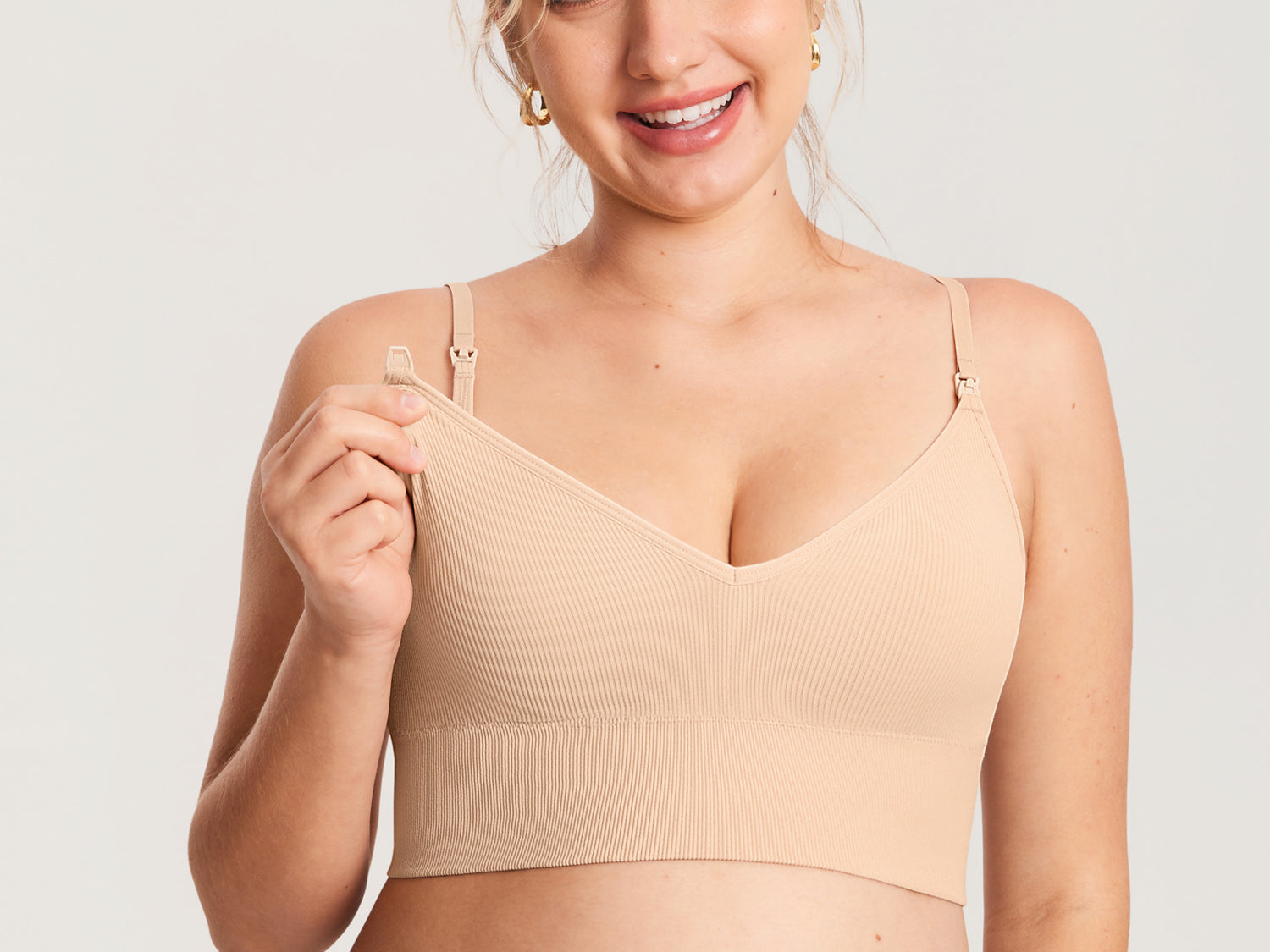 Women's Ribbed V Neck Nursing Bralette Beige @model_info:MOM1