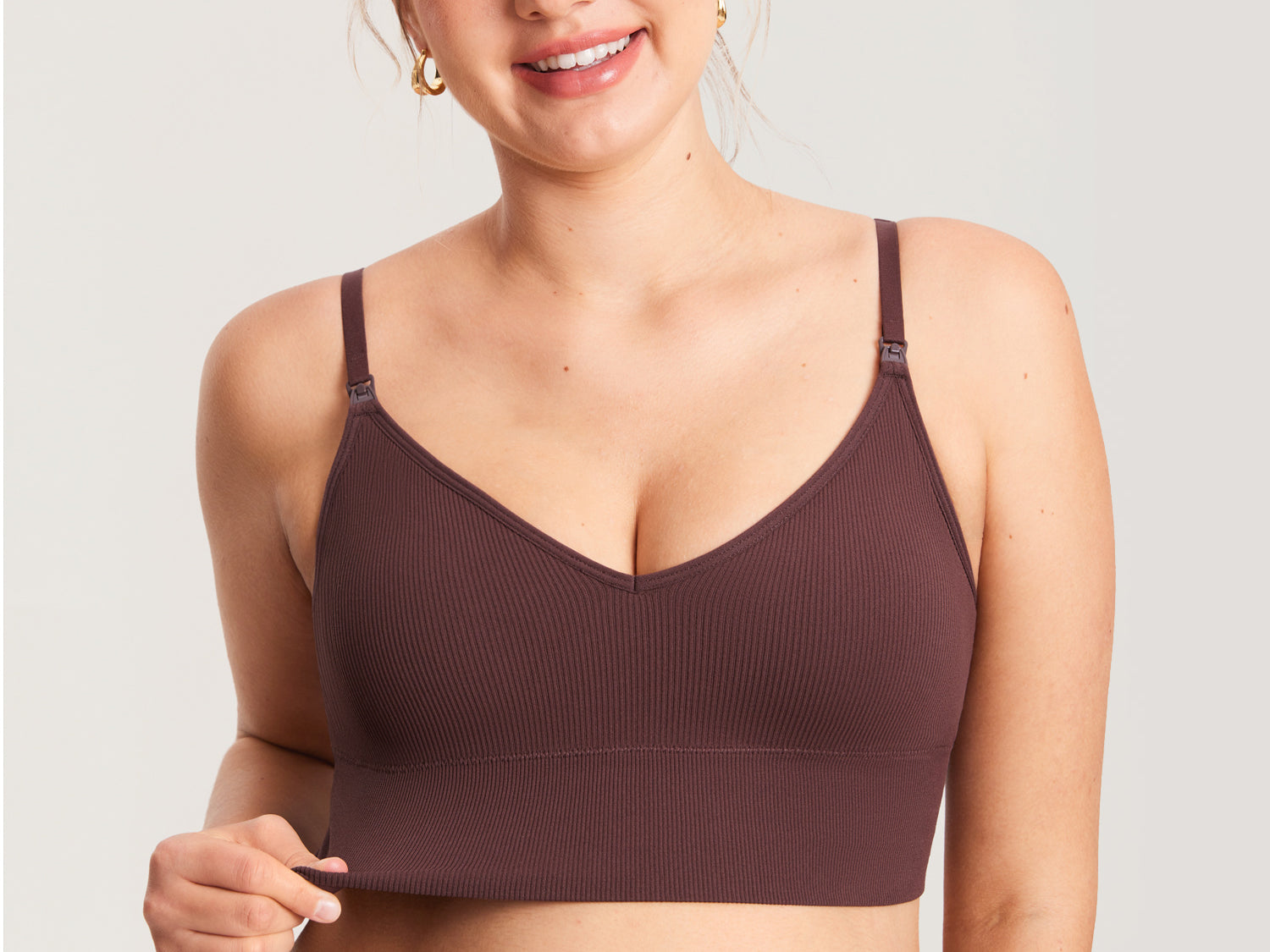 Women's Ribbed V Neck Nursing Bralette Hazelnut @model_info:MOM2