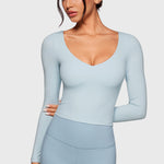 Women's Natrelax V-Neck Long Sleeve Tops Blue Linen