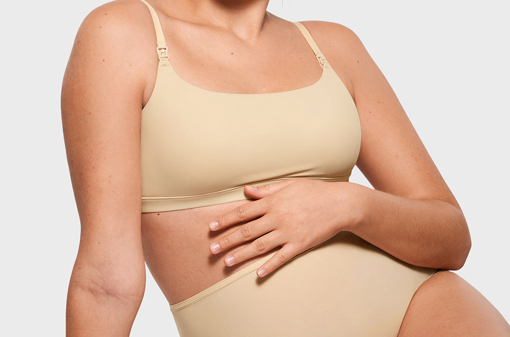 Women's Inbarely® Soft Three Layer Nursing Bralette - Scoop Neck Light Oatmeal @model_info:ES1