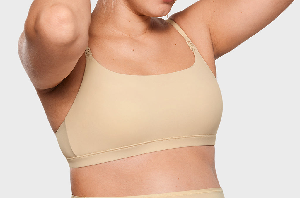 Women's Inbarely® Soft Three Layer Nursing Bralette - Scoop Neck Light Oatmeal @model_info:ES4