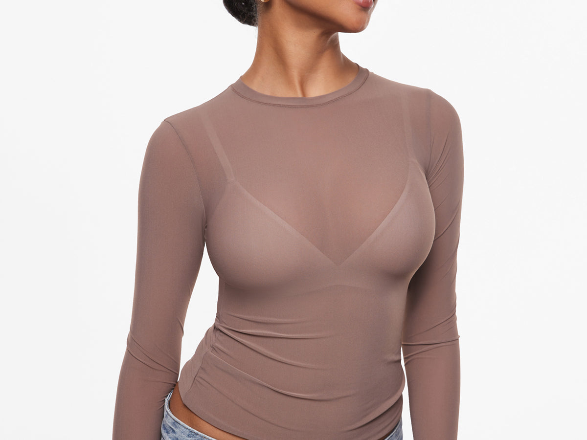 INLYRIC Women's Cosnufy® Mesh Sheer Long Sleeve Top Brown Purple