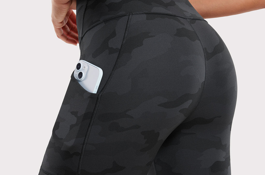 CRZ YOGA Women's Yoga High Rise Biker Butterluxe Pockets Shorts 5'' Dark Grey Camouflage 2