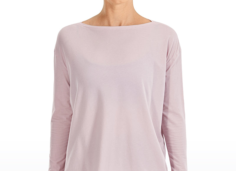 Women's Pima Cotton Boat Neck Long Sleeve Shirts Pink Peony