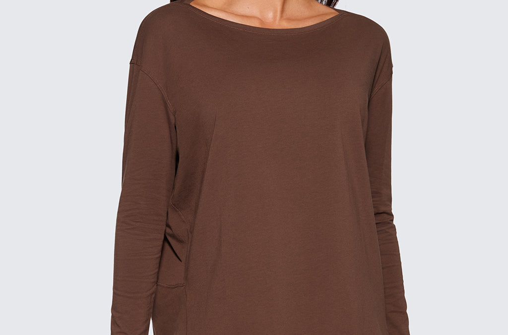 Women's Pima Cotton Boat Neck Long Sleeve Shirts Coffee Brown