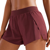 CRZ YOGA Women's Running Feathery-Fit Soft Spilt Quick Dry Lined Shorts Red Merlot